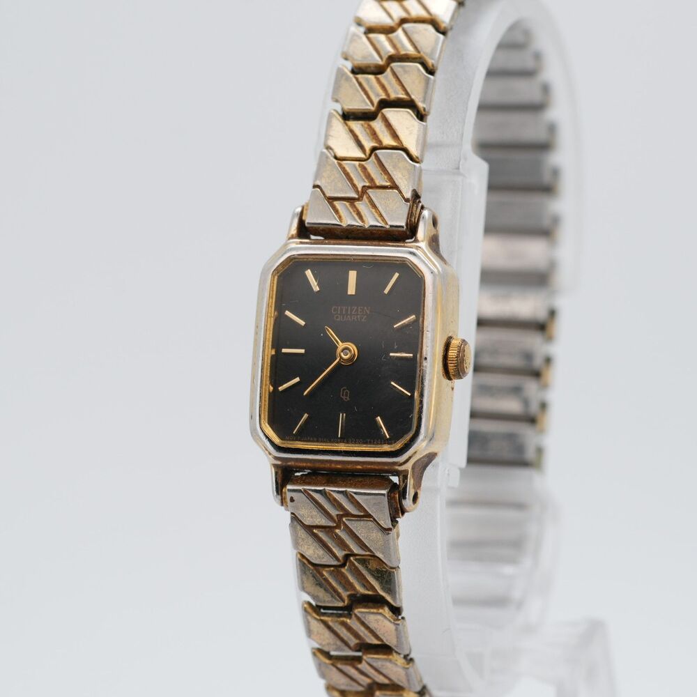 Vintage Citizen 3220-T15642 Black Dial Tank Watch - 16mm - Gold Tone - New Batt